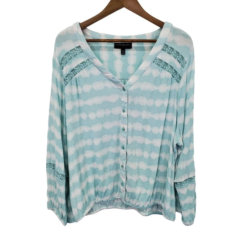 Lane Bryant Womens 26/28 Blue Aqua Tie-Dye Top Button Front Long Sleeve Blouse - Picture 1 of 14